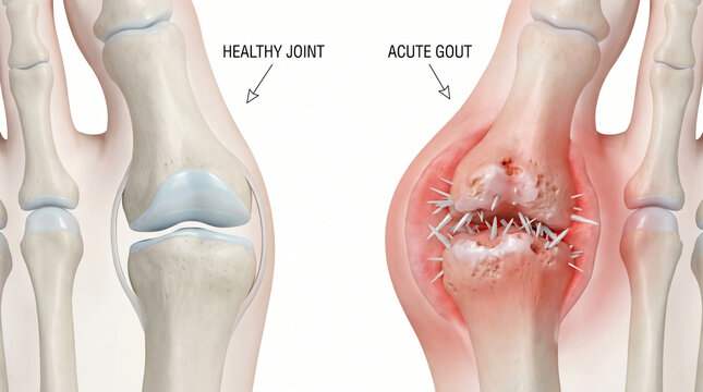 Acute Gout Arthritis Uric Acid Crystals vs Healthy Joint Anatomy