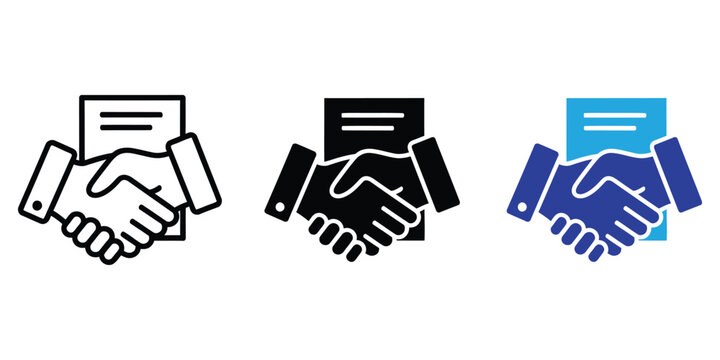 Set of handshake icons with a document representing a business contract agreement Vector