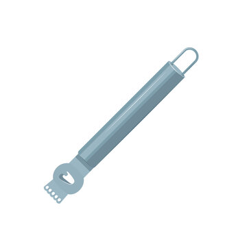 Vector illustration of a stainless steel citrus zester channel knife. Multiuse kitchen tool with a zesting head, bottle opener slot and metal handle isolated on white.
