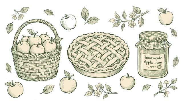 Apple pie, basket, and jar illustration, nobody, kitchen setting, rustic style