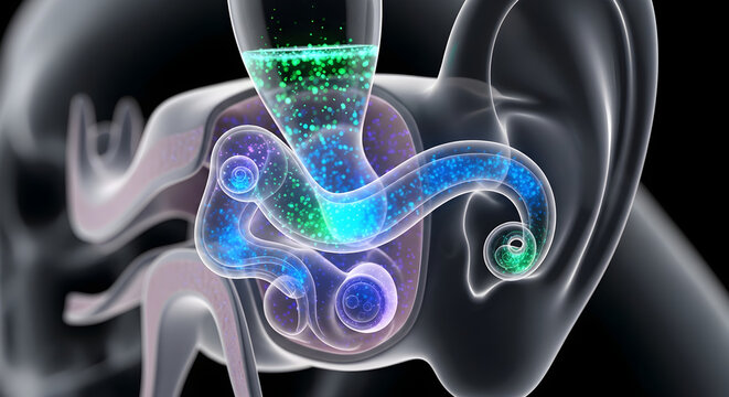 Inner ear anatomy with glowing digital particles representing sound wave sensory process.