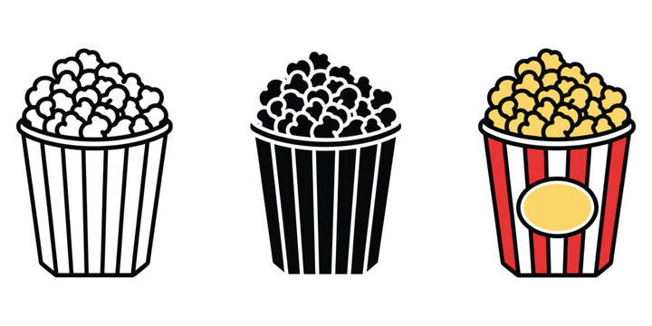 Set of three popcorn buckets in outline solid and colorful cartoon styles Vector
