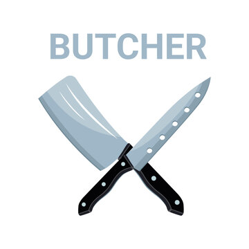 Vector illustration of a crossed metal meat cleaver and a chef knife with black handles. Butcher shop graphic isolated on white background.