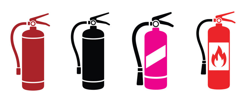 Fire Extinguisher Icon Set Representing Workplace Safety and Fire Protection, Clean Flat Vector Design for Emergency Response Symbols, Industrial Safety Equipment, Risk Control, and Fire Prevention 