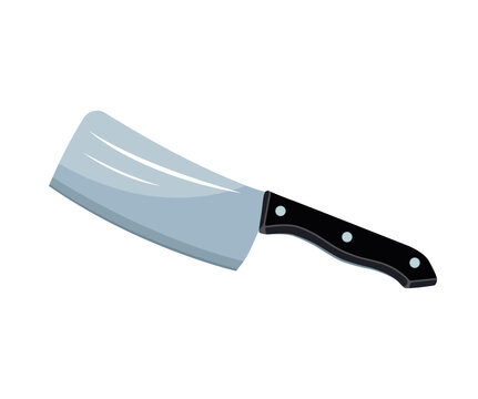 Vector illustration of a heavy kitchen meat cleaver knife. Sharp stainless steel butcher chopping axe tool with a black riveted handle isolated on a white background.