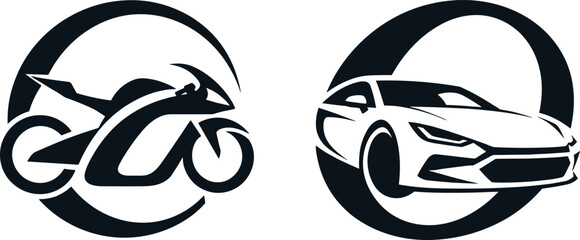 Obraz premium Motorcycle and Sports Car Racing Logo Set with Speed Circle Emblems for Automotive Vehicle Branding DesignsMotorcycle and Sports Car Racing Logo Set with Speed Circle Emblems for Automotive Vehicle Br