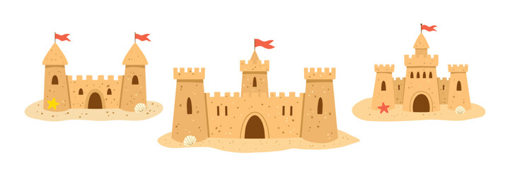 Sandcastle set sand castle fortress beach toy collection with towers flags starfish seashells summer vacation sea shore resort recreation seasonal vector illustration © oksanagrytsyuk