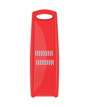 Vector illustration of a red plastic mandoline vegetable cutter. Manual kitchen slicer and grater board with sharp metal blades isolated on a white background.