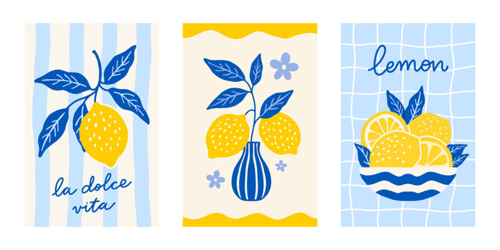 Lemon poster set mediterranean food print yellow citrus fruit card Italian style dolce vita lemon branch vase bowl collection summer background vector illustration