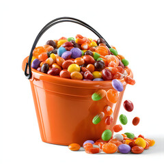 Naklejka premium Orange halloween bucket spilling colorful jelly bean candies with jelly beans