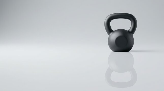 Black kettlebell with reflection on glossy acrylic surface