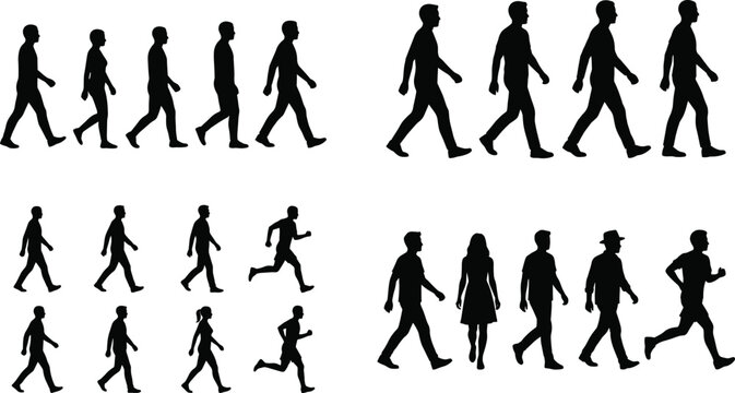 Silhouette collection of people walking and running in motion poses on white background for design and animation projects