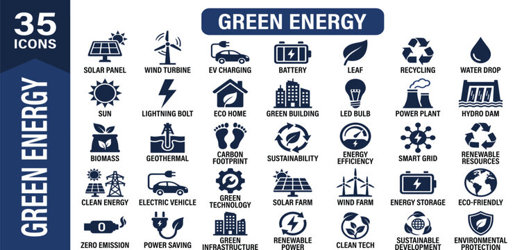 Green energy solid icon set featuring renewable solar wind power, ecology sustainability nature, recycling eco environment, and clean alternative electric editable vector icons.