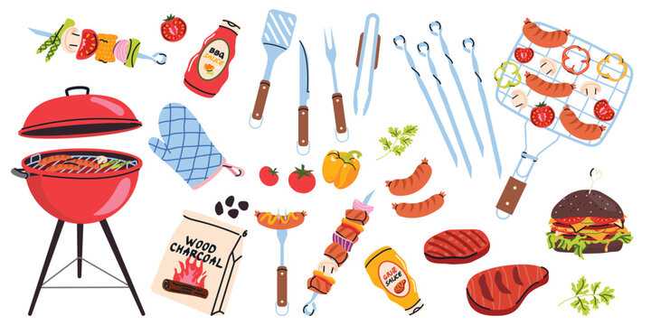 Barbecue party vector set with grill tools, sausages, burgers, steaks and fresh vegetables.  Summer bbq collection in cartoon flat style. Outdoor picnic food elements isolated on white background