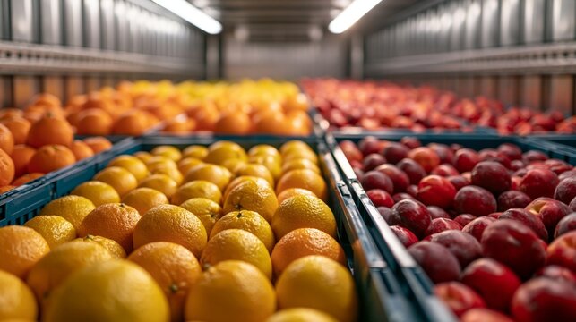 Crisp medium frame capturing ripenesssorted citrus and stone fruit crates inside a chilled delivery truck emphasizing organized inventory with bright neutral lighting and selective