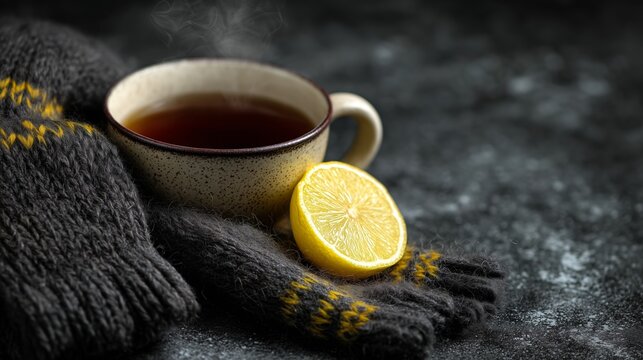 Warm cup of tea with lemon and cozy scarf on a cold winter day