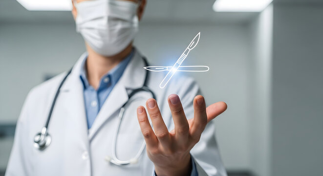 Surgeon wearing mask and coat holding digital scalpels illustration over palm.