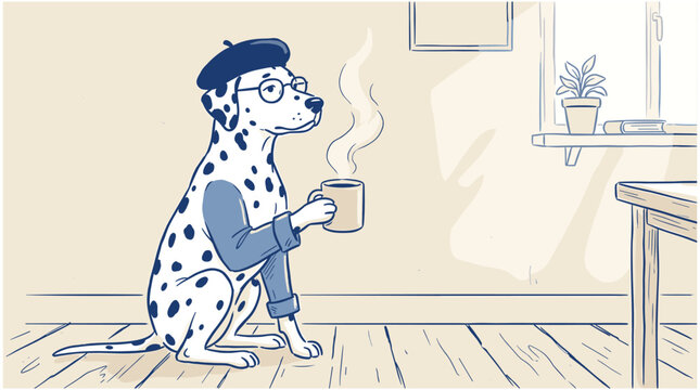 Dalmatian dog sitting with coffee cup in indoor setting