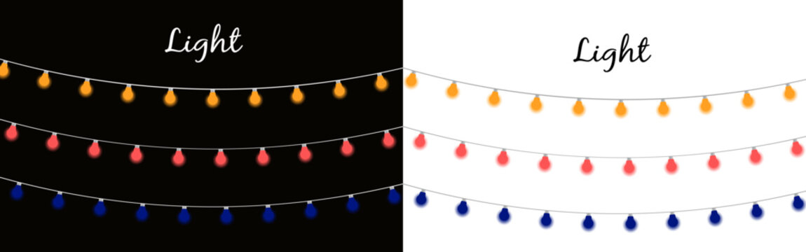 Colorful string lights on black and white backgrounds for decoration