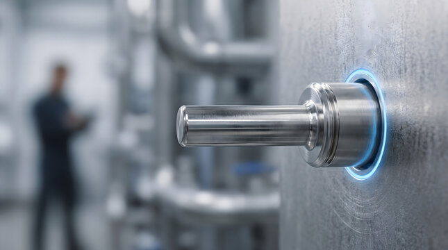 Close up of metallic lever with glowing blue ring on large cylindrical industrial equipment in blurred background.