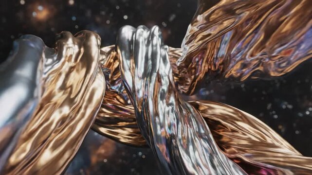 Abstract swirls of shimmering gold and silver metallic liquid intertwine and weave together in a cosmic celestial expanse, creating dynamic fluid sculptures and breathtaking luminous patterns