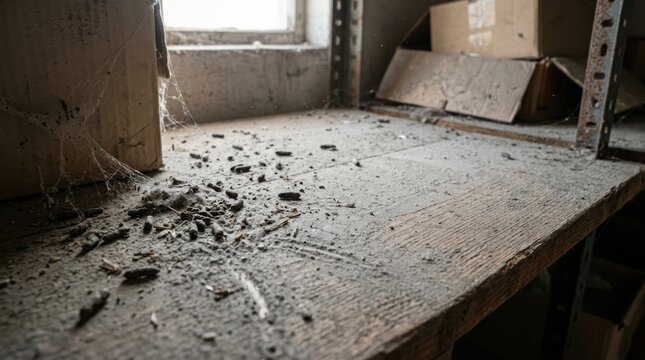 Rodent droppings and cobwebs on a dusty wooden shelf in a dark basement