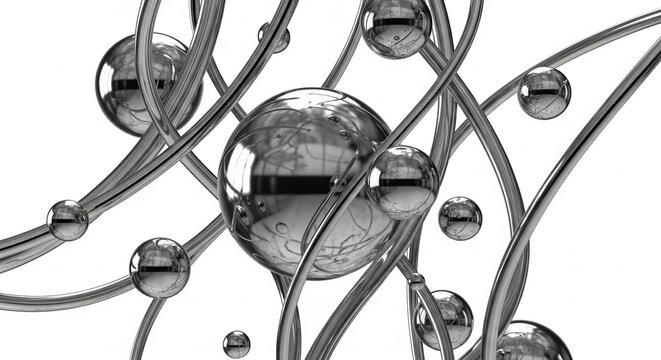 Futuristic chrome spheres and metallic wires, abstract 3d render of silver molecular structure, high-tech steel balls on white background