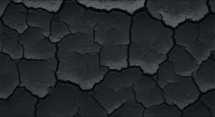 Obraz premium Abstract dark cracked surface texture halftone pattern black and white background with subtle light variations.
