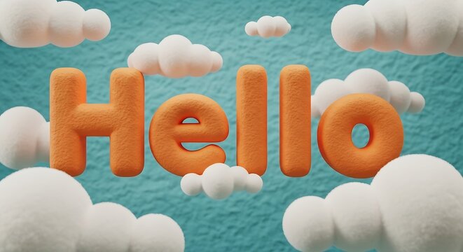 3d render of 'hello' text with fluffy clouds turquoise background