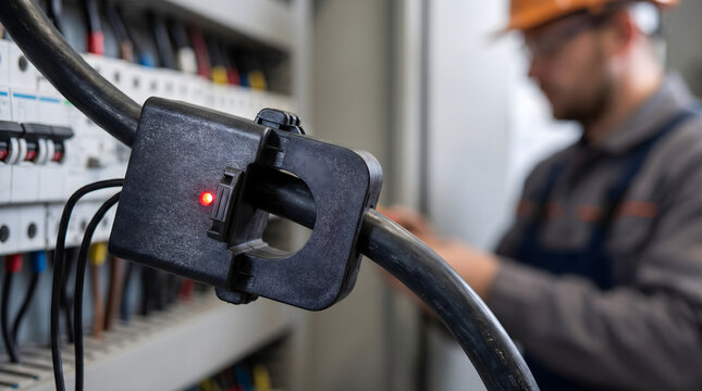 Current clamp on thick cable with red light, blurred electrician working on electrical panel in background.
