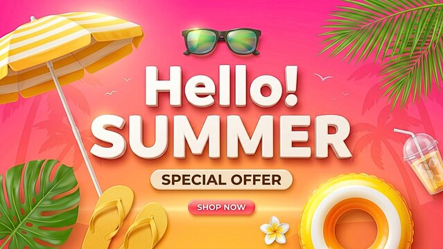 Hello Summer Special Offer, Vibrant Beach Scene with Sun, Palm Trees, and Beach Accessories