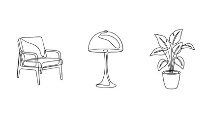 Fototapeta premium Minimal Continuous Line Home Decor Icons Set with Chair Lamp and Potted Plant Vector Illustration