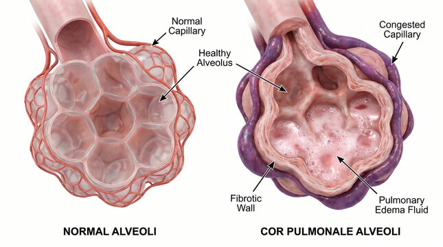 Cor Pulmonale Alveoli Pulmonary Edema Fluid and Fibrotic Wall 3D Diagram
