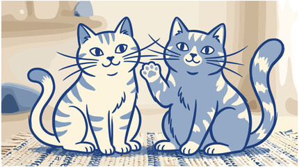 Two cats playing, sitting on rug, indoors, cute © jannat Stock