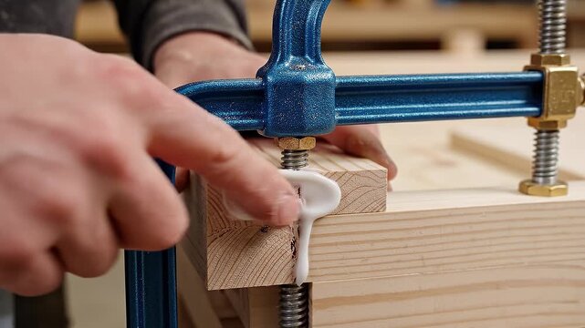 A craftsman applies white wood glue to a pine joint held by a blue metal clamp. The scene captures the precision of carpentry. Ideal for woodworking tutorials or DIY blogs.