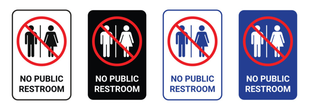 Four no public restroom signs with red prohibition circles on isolated on transparent background