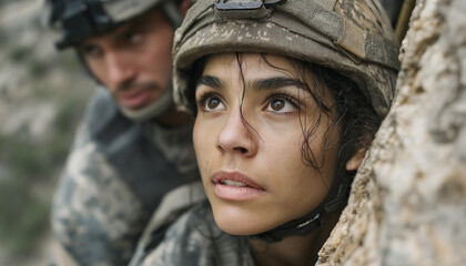 Fototapeta premium Young female soldier looks up while taking cover during a training exercise near a rocky area in the early afternoon light