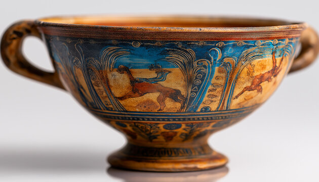 Ancient Greek kylix drinking cup with painted scenes of horses and mythology from classical times