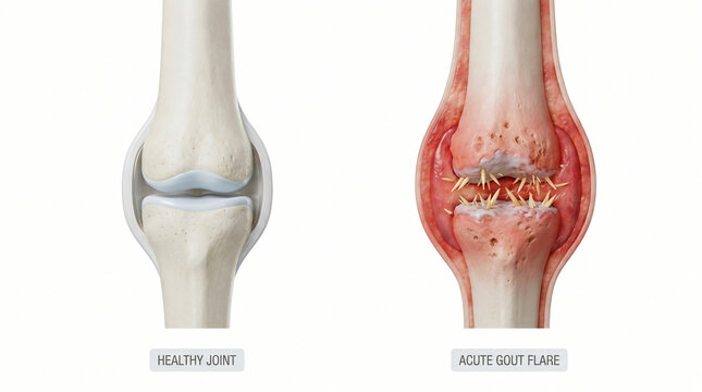 Acute Gout Flare Joint vs Healthy Anatomy Uric Acid Crystals 3D