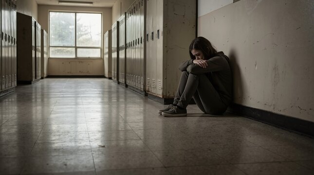 Sad teenage girl sitting alone on floor of school hallway. Lonely student huddled against wall by lockers. Concept of social isolation and bullying