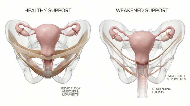 Uterine Prolapse Descending Uterus vs Healthy Pelvic Floor Support 3D