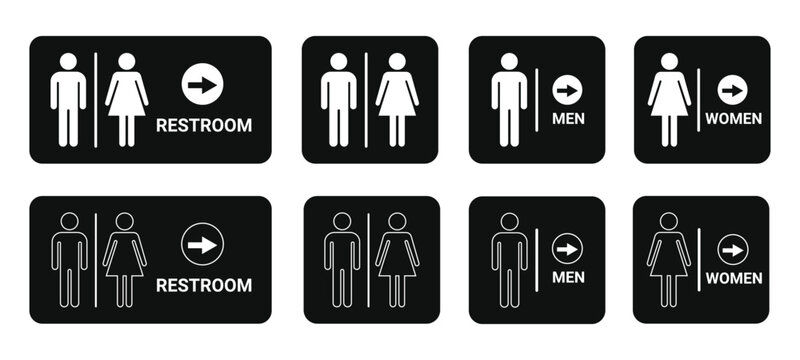 Black and white restroom and gender specific signage set with isolated on transparent background