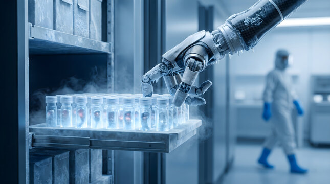 Robotic manipulator arm handling frozen test tubes inside cryogenic storage freezer for medical vaccine research.