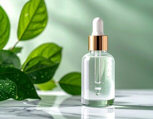 Luxury skincare serum bottle on marble surface with soft natural light, minimalist beauty product photography