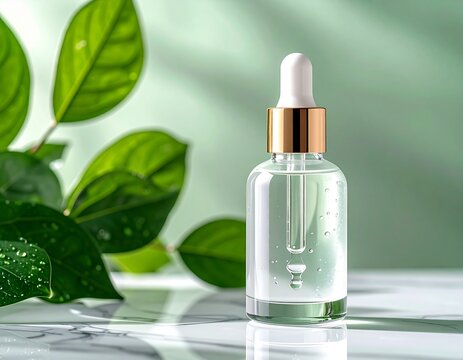 Luxury skincare serum bottle on marble surface with soft natural light, minimalist beauty product photography