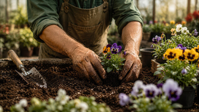 Mani di giardiniere che piantano fiori nel terreno. Generative AI 