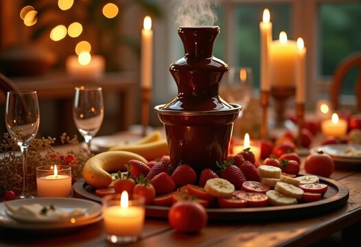 Romantic Chocolate Fondue Fountain Surrounded by Juicy Fruit Dippers on Intimate Setup Inspired by Love