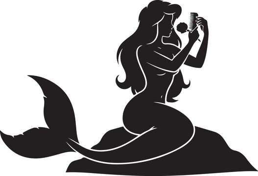 Black silhouette of a mermaid combing her long wavy hair with a wide toothed comb