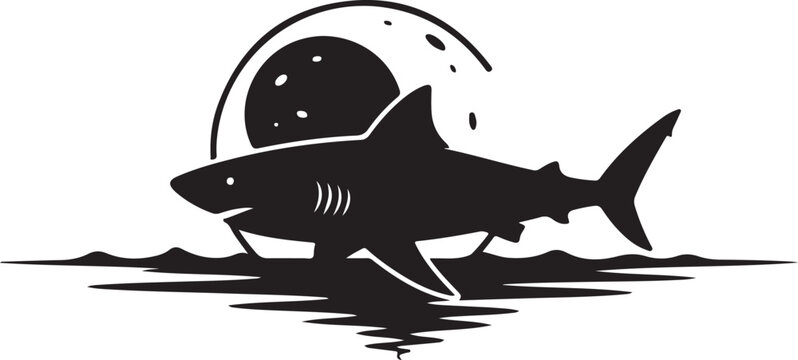Black silhouette of a shark swimming in the ocean with a half moon
