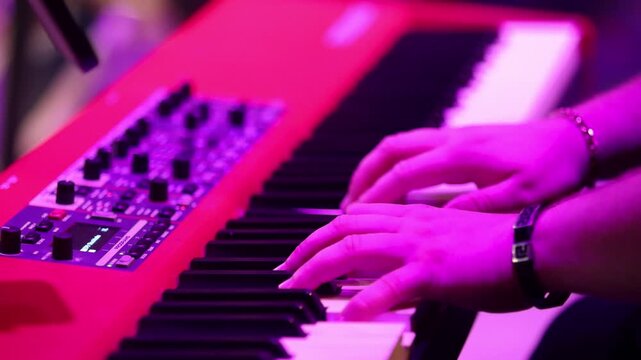 Musician hands playing electronic synthesizer keyboard on stage close up